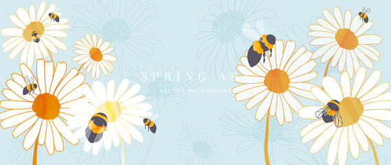 Wall Mural - spring season on blue sky background. luxury floral and insect wallpaper with blossom garden, white 