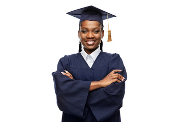 Wall Mural - education, graduation and people concept - happy graduate student woman in mortarboard and bachelor gown