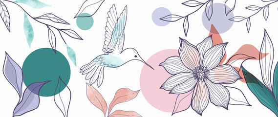 Spring season on white background. Hand drawn floral wallpaper with flower, foliage, branches, leaves, bird and circle shapes. Nature line art graphic design for banner, cover, decoration, poster.