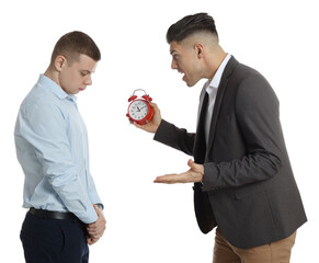 Poster - Businessman with alarm clock scolding employee for being late on white background