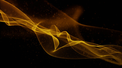 Poster - Gold wave flow and twist particles shining in the dark, Digital cyber space abstract background, 3D rendering