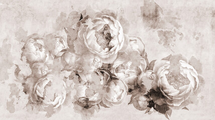 Wall Mural - Peonies flowers painted on a concrete grunge wall. Photo wallpaper, wallpaper, mural, card, postcard design in the modern, loft style.