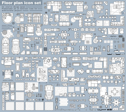 floor plan icons set for design interior and architectural project (view from above). furniture thin