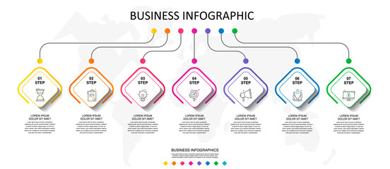 Infographic vector with seven squares. Business line concept graphic process template with 7 steps and icons. Graphic timeline for app, website, interface, chart, levels, web, presentations