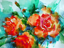 Abstract Bright Colored Decorative Background . Floral Pattern Handmade . Beautiful Tender Romantic Bouquet Of Rose Flowers , Made In The Technique Of Watercolors From Nature.