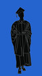 Student in gown graduates college vector silhouette illustration isolated on blue background. Celebration ceremony after graduating on university. Happy cadet man finish academy education. 