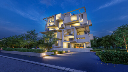 Fototapete - Modern upscale residential building at dusk