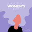 International Women's Day. March 8. Woman portrait with long hair. Violet color. Concept of human rights, equality. Vector illustration, flat design