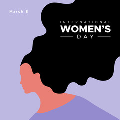 Wall Mural - International Women's Day. March 8. Woman portrait with long hair. Violet color. Concept of human rights, equality. Vector illustration, flat design