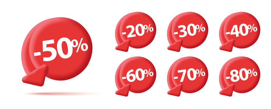 Set of digital red labels for sale discounts percent, circle with arrow down for decrease price, tags bubbles