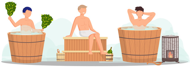 Sauna and steam room. Set of people in sauna. People relax and steam with birch brooms in traditional russian stove for female and male. Finnish bathhouse. Public sauna, Friends in spa resort