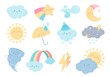 Weather characters with funny faces, cute sun and thunderstorm clouds. Rainbow, cloud with snowflakes, tornado, moon, umbrella, meteorology vector set