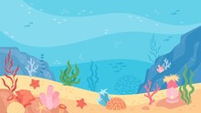 Underwater World Scene, Ocean Floor Marine Life Background. Undersea With Corals And Seaweed, Sea Bottom, Seabed Vector Illustration