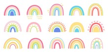 Scandinavian Rainbow Doodle, Cute Childish Rainbows With Hearts And Stars. Minimalist Boho Elements For Kids Fabric, Print, Nursery Vector Set
