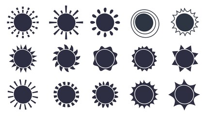 Wall Mural - black sun silhouette logo icon, suns with sunrays symbols. summer sunshine doodle silhouettes, abstr