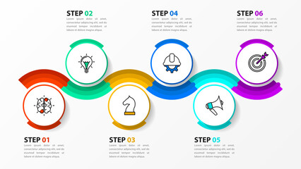 Infographic template with icons and 6 options or steps. Timeline