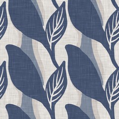 French blue botanical leaf linen seamless pattern with 2 tone country cottage style motif. Simple vintage rustic fabric textile effect. Primitive modern shabby chic kitchen cloth design.