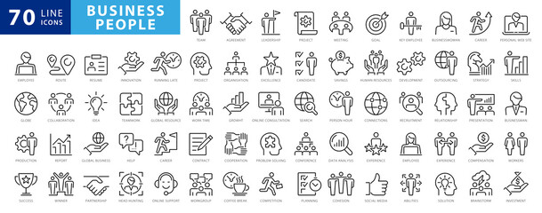 Business people line icons set. Businessman outline icons collection. Teamwork, human resources, meeting, partnership, meeting, work group, success, resume - stock vector