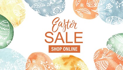 Wall Mural - Easter sale shop banner. Colorful bright circles, eggs, botanical doodles. Spring design