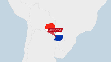Paraguay map highlighted in Paraguay flag colors and pin of country capital Asuncion.