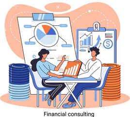 Poster - Financial consulting concept effective management of funds other assets of company. Expert advises client. Research graphs market, diagrams, charts financial reports. Accounting organization process