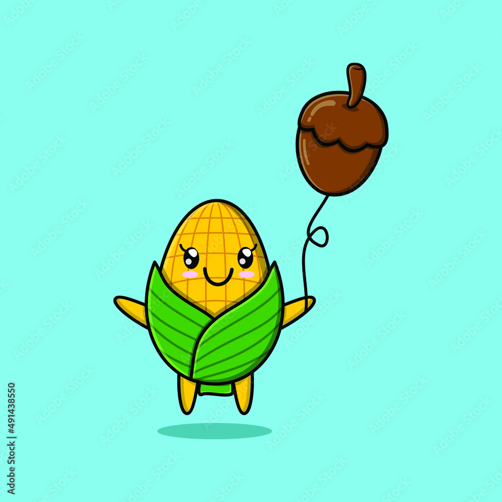 Cute cartoon corn floating with acorn balloon cartoon vector ...