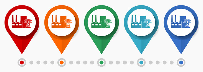 Poster - Coal power station concept vector icon set, flat design industrial pointers, infographic template easy to edit