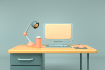 Poster - office workplace with desktop on green background. desk with monitor