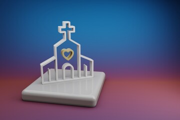 Poster - Wonderful Wedding Church with heart symbol icons on a ceramic stand and bright colored background. 3d rendering illustration. Background pattern for design. Wedding day.