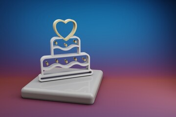 Poster - Wonderful Wedding Cake with heart symbol icons on a ceramic stand and bright colored background. 3d rendering illustration. Background pattern for design. Wedding day.