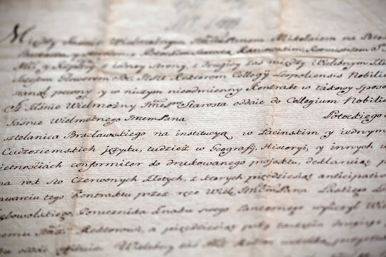 Old handwritten text in polish language. Grunge Vintage Texture Background.