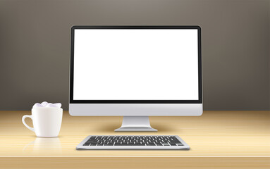 Poster - Modern computer with blank screen on a wood mirror table. 3d vector banner with copy space