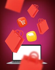Aufkleber - Online shopping concept. 3d vector illustration with laptop