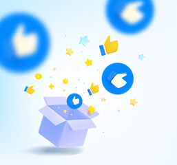 Aufkleber - Open box with confetti and thumbs up symbols. 3d vector illustration