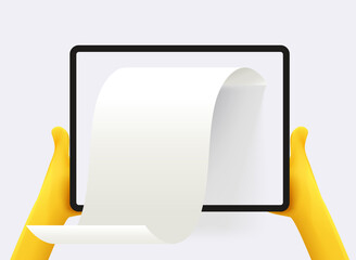 Aufkleber - Man holding tablet computer with paper report. 3d vector illustration