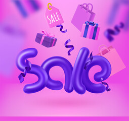 Poster - Pink room with bags, boxes, tags and ribbons. Season sale banner. 3d vector illustration