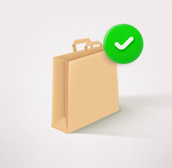 Poster - Craft paper eco shopping bag icon with checkmark. 3d vector icon