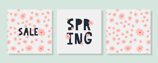 Sticker - Hello Spring hand logotype, badge typography icon. Lettering spring season with leaf for greeting card, invitation template. Retro, vintage lettering banner poster template background, Sale, offer