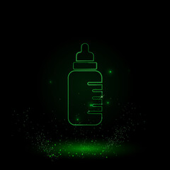 Poster - A large green outline feeding bottle symbol on the center. Green Neon style. Neon color with shiny stars. Vector illustration on black background