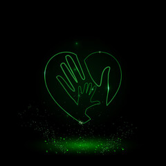 Poster - A large green outline mom with baby symbol on the center. Green Neon style. Neon color with shiny stars. Vector illustration on black background