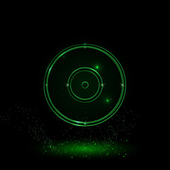 Poster - A large green outline gramophone record symbol on the center. Green Neon style. Neon color with shiny stars. Vector illustration on black background