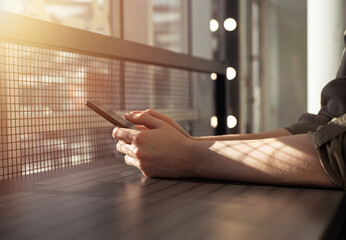 Poster - Female hands closeup holding phone. Woman sitting at table in cafe with sunshine. Using smartphone for communication, information search. High quality photo