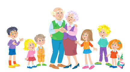 Canvas Print - Grandfather and grandmother surrounded by grandchildren. In cartoon style. Isolated on white background. Vector illustration.