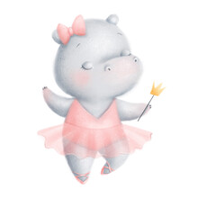 Illustration Of Cute Cartoon Hippo Ballerina. Ballet Animals.