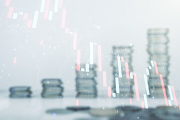 Double exposure of abstract virtual global crisis chart and world map hologram on growing stacks of coins background. Financial crisis and recession concept