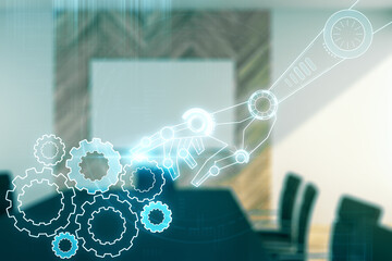 Aufkleber - Abstract virtual robotics technology hologram on a modern coworking room background, artificial intelligence and machine learning concept. Multi exposure