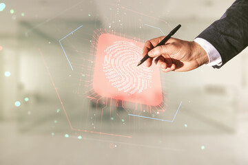 Aufkleber - Multi exposure of male hand with pen working with virtual creative fingerprint hologram on blurred office background, personal biometric data concept