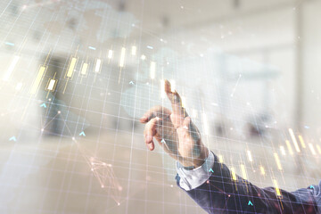 Poster - Multi exposure of trader hand presses on virtual abstract financial chart and world map on blurred office background, research and analytics concept
