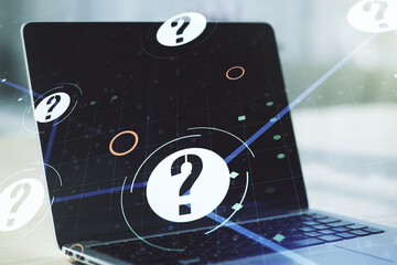 Aufkleber - Creative concept of question mark illustration on modern laptop background. FAQ and search concept. Multiexposure