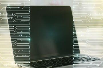Poster - Double exposure of circuit hologram on laptop background. Research and development hardware concept